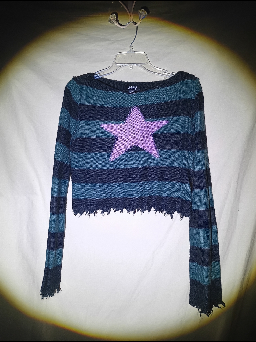 Just Polly Striped Star Distressed Knit Crop Sweater Size XL